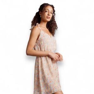 Promesa Women's Floral Surplice Mini Dress Size L Peach Floral Chiffon Sundress